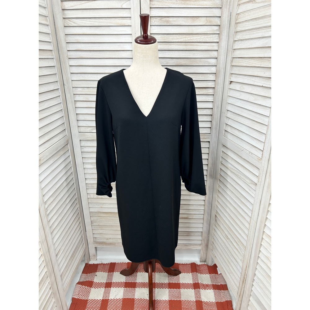 Tibi Shift Dress 6 Black Minimalist Workwear Old Money V-Neck 3/4 Sleeve Lux